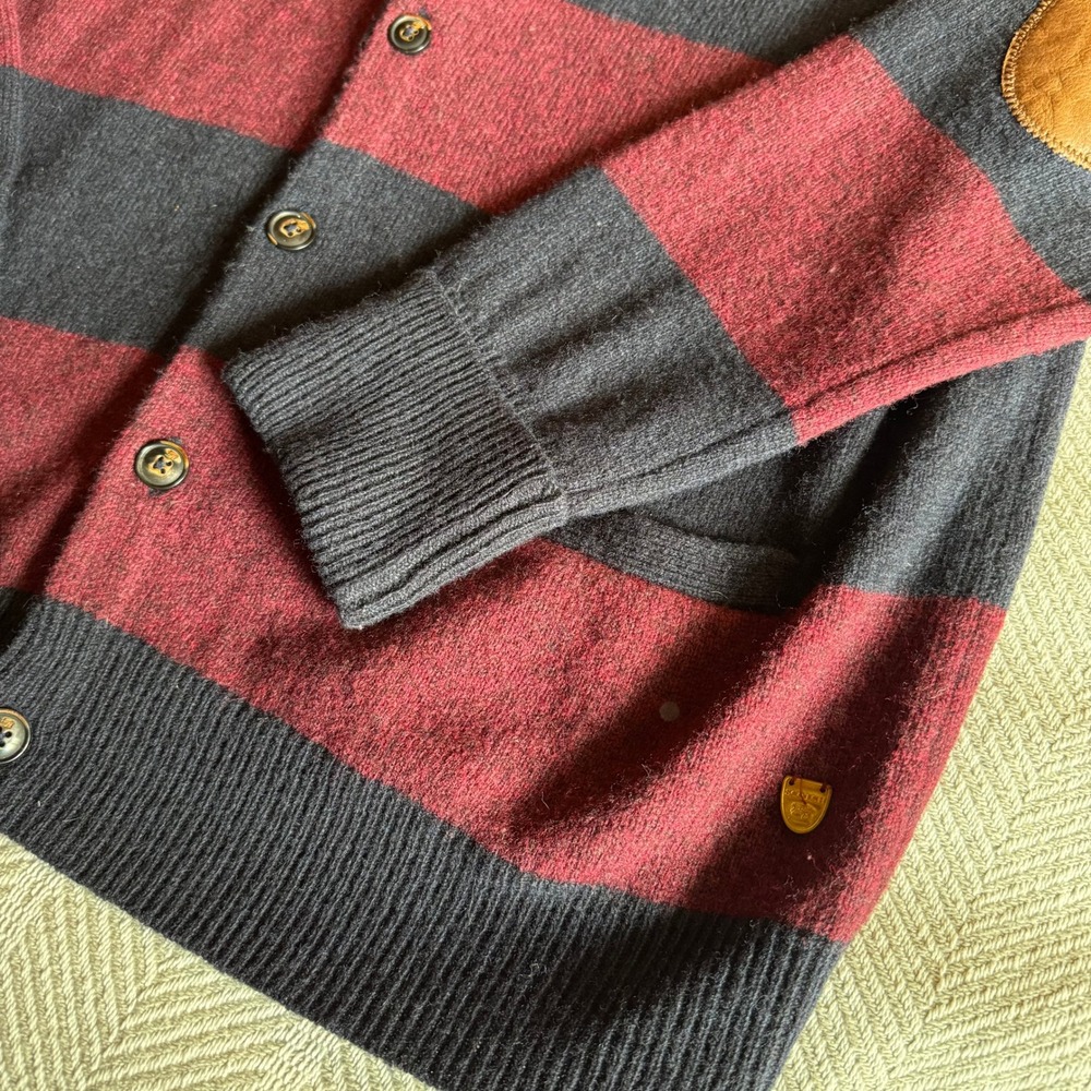 Scotch & Soda Mens XXL Wool Cardigan Striped Leather Elbow Patches Burgundy Navy - Picture 2 of 11